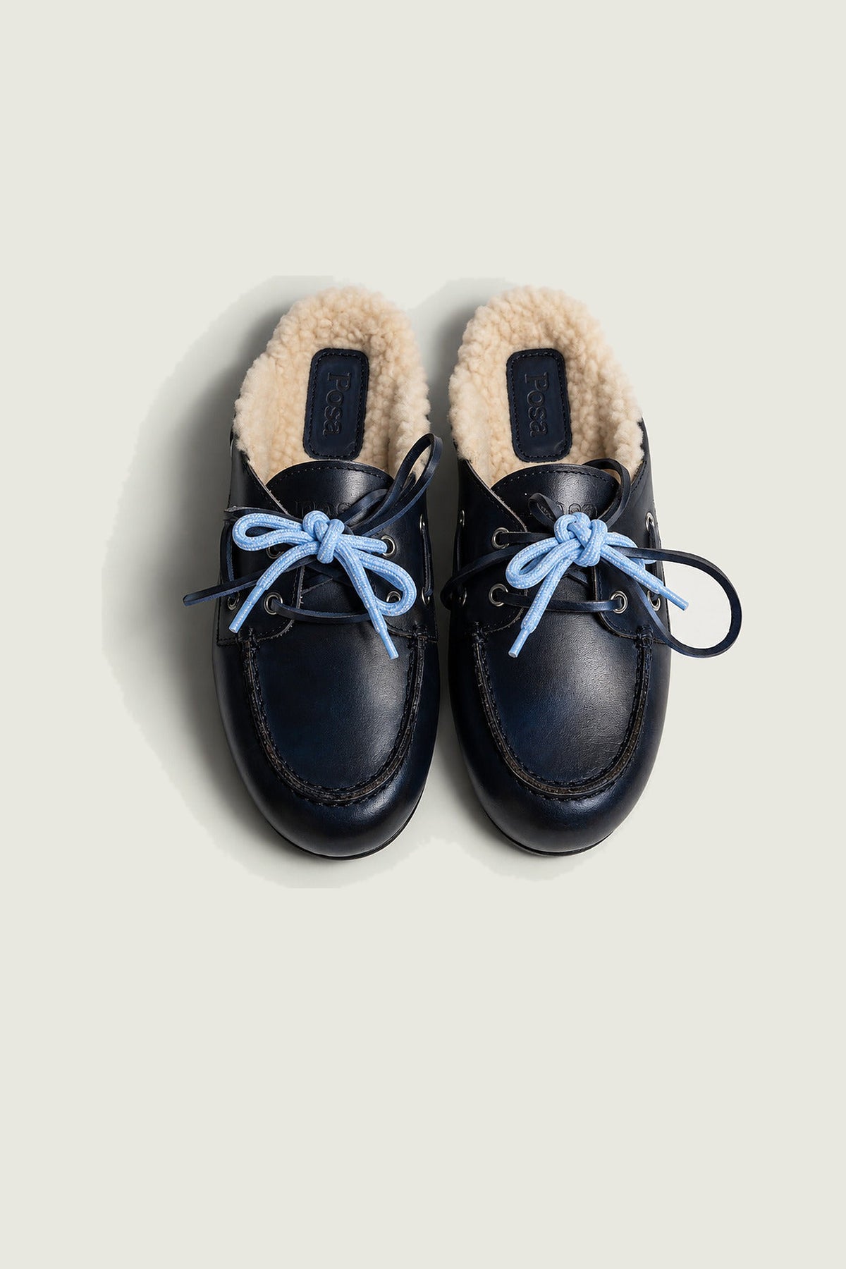 Mules fourrées en cuir Posa, bleu nuit, paire vue de dessus
