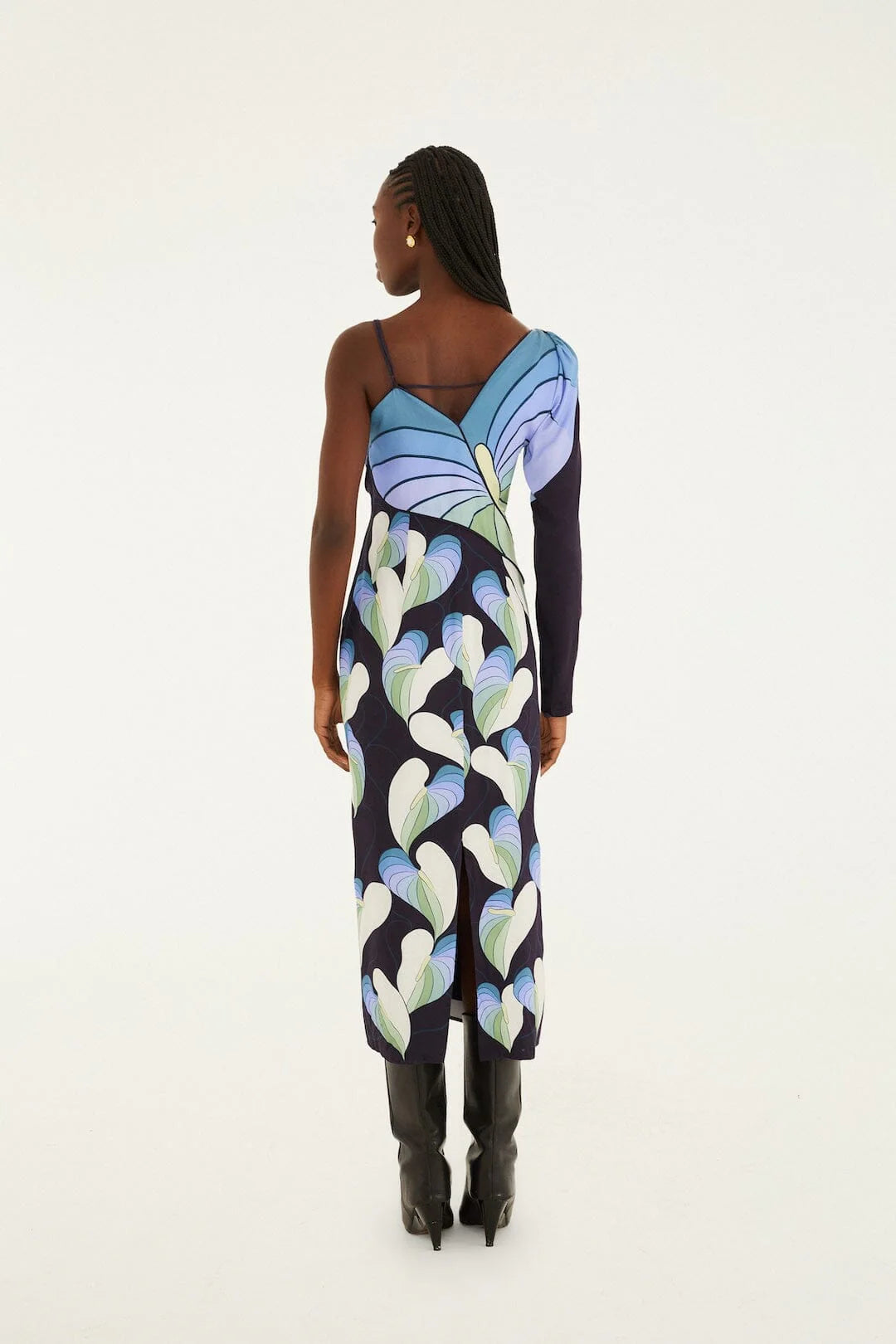 One-shoulder jurk met print "Black Lovely Anthurium"