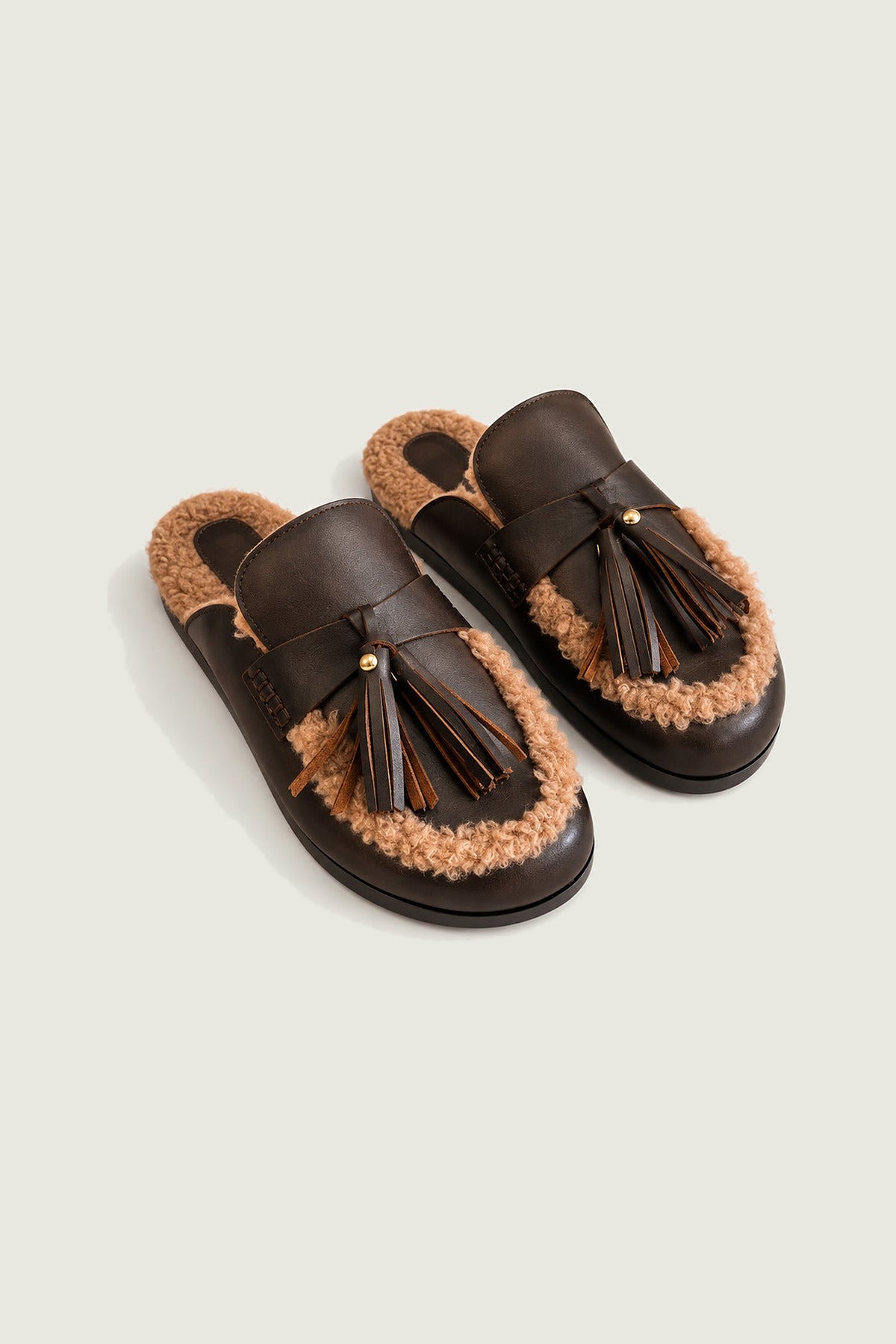 Mules Ranch fourrées en cuir Posa, coffee, paire de trois quarts